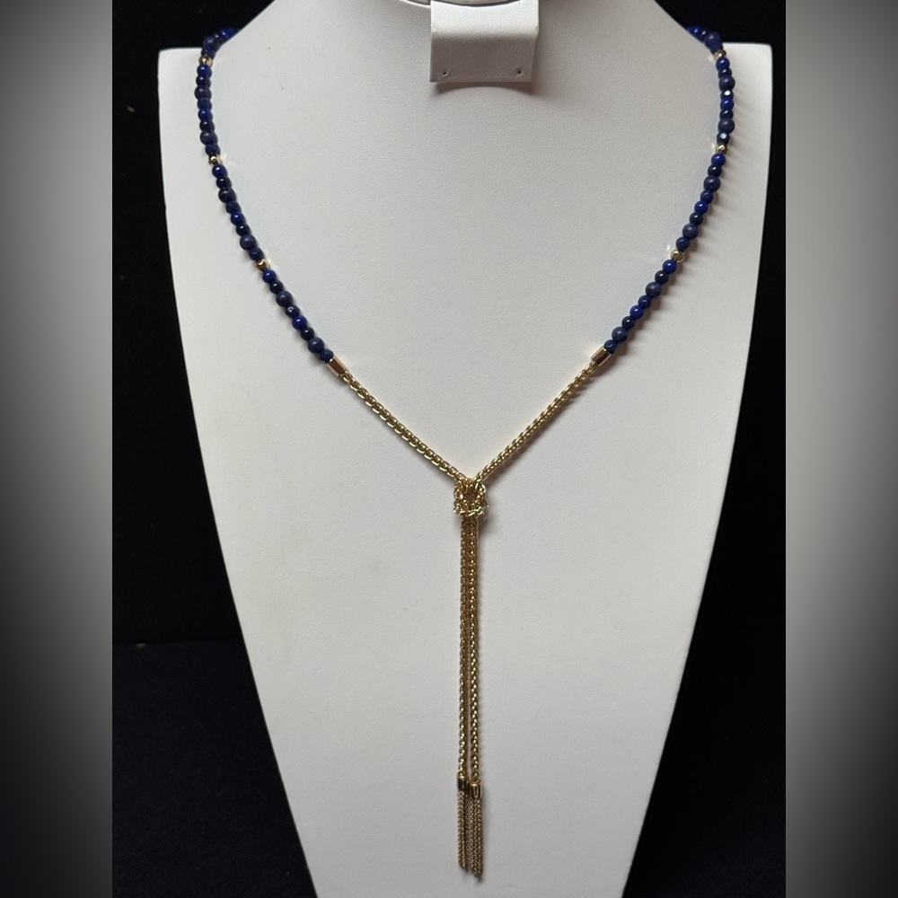 Laundry By Shelli Segal Elegant Gold and Navy Beaded Y Knot Tassel Necklace 24in